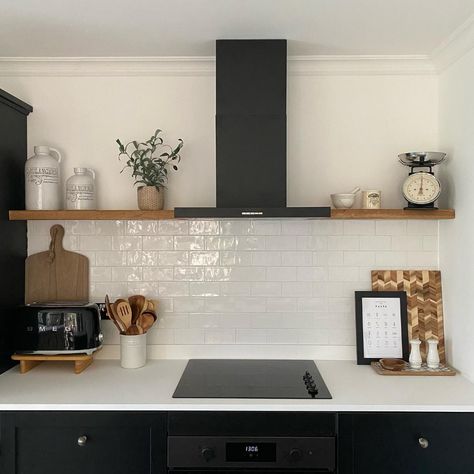 Which do you prefer… Open shelving or wall units in a kitchen? Because we went for a black kitchen in a fairly small space, the wall… | Instagram Kitchen Open Shelving Extractor, Kitchen Interior With Shelves, Kitchen Wall Cabinet Ideas Open Shelving, Kitchen Cooker Hood Ideas Open Shelves, Black Extractor Hood, Black Kitchen Open Shelving, Kitchen Shelves Next To Extractor, Floating Shelves Kitchen Next To Hood, Shelf Over Cooker