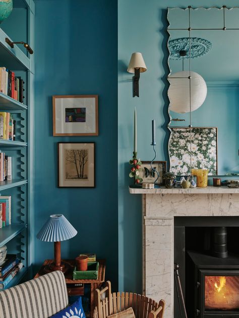 Lucy William/ Flower Michelin- House & Garden — Christopher Horwood Photography Maximalist Blue Living Room, Blue Living Room Victorian, Eclectic Victorian Living Room, Fireplace Maximalist, Blue Maximalist Living Room, Blue Victorian Living Room, Blue Eclectic Living Room, Blue Maximalist Bedroom, Blue And Green Interior Design