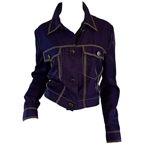 Preowned Vintage Future Ozbek Iridescent Navy Blue 1990s 90s Denim... (£430) ❤ liked on Polyvore featuring outerwear, jackets, blue, purple jean jacket, button up jacket, trucker jacket, navy jacket and vintage denim jacket Rifat Ozbek, Maroon Outfit, Navy Denim Jacket, Vintage Jean Jacket, Purple Jeans, Navy Blue Jacket, Denim Trucker Jacket, 90s Denim, Purple Jacket