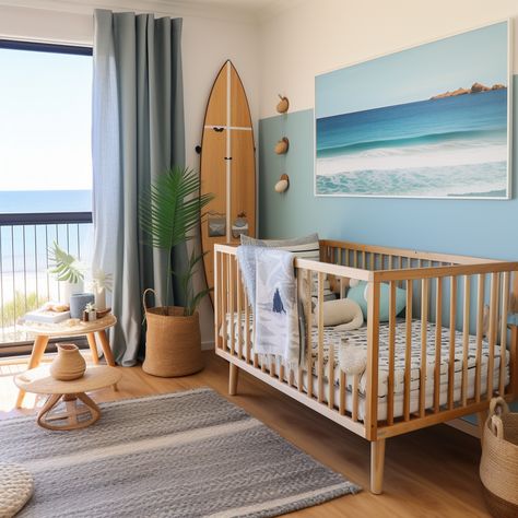 Nursery Room Inspiration Ocean, Island Nursery Theme, Surfer Themed Nursery, Gender Neutral Beach Nursery, Surfer Theme Nursery, Surfing Theme Nursery, Beach Theme Kids Bedroom, Beachy Baby Room, Beach Themed Nursery Boy