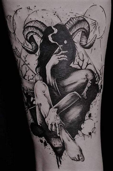 Spooky Tattoos Thigh, Gotik Tattoo, Satanic Tattoos, Goth Tattoo, Aries Tattoo, More Tattoo, Scary Tattoos, Creepy Tattoos, Spooky Tattoos