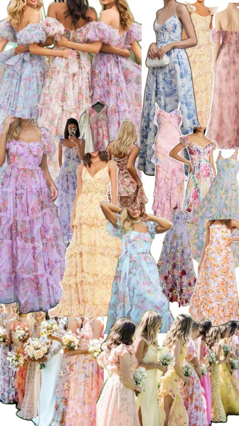 Multicolor floral bridesmaids dresses collage for spring wedding wildflower wedding Floral Bridesmaids, Pastel Wedding Theme, Summer Bridesmaid Dresses, Spring Wedding Guest, Floral Bridesmaid Dresses, Floral Bridesmaid, Garden Party Dress, Guest Attire, Dream Wedding Ideas Dresses