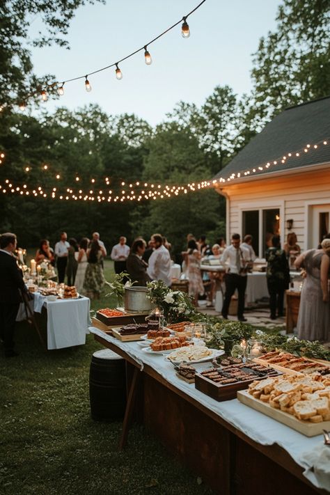 Simple ideas and tricks to keep your backyard wedding on budget, but still giving your guests a fantastic time. Garden Party Wedding Simple, Wedding Cookout Ideas, Simple Wedding Plan, Backyard Classy Wedding, Reception Only Ideas, Maine Backyard Wedding, Small Wedding Celebration Ideas, Backyard Bbq Rehearsal Dinner, Summer Wedding Outside