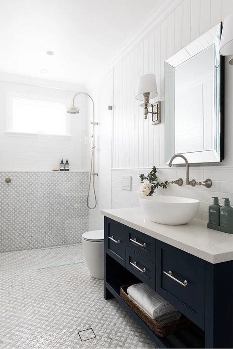 Home Beautiful V Groove Bathroom, Tile Palette, Hampton Style Bathrooms, Bathroom Hamptons, Hamptons Style Bathroom, Bathroom Ideas Hamptons, Hamptons Style Home, Styl Hampton, Guest Bathroom Decor