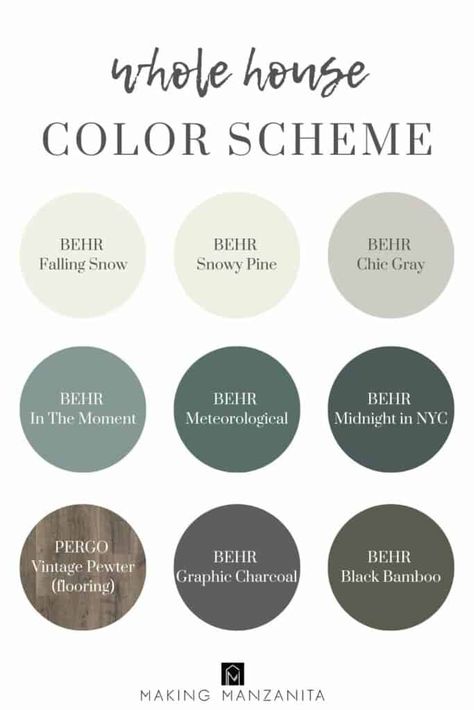 Choosing the right paint color for your house is hard. It's even harder to choose ALL the paint colors for your whole house color scheme so that they look cohesive and the color scheme flows from room to room. Farmhouse Coordinating Paint Colors, Behr Paint Whole House Color Scheme, Behr Paint Schemes Whole House, Whole House Paint Colors Green, Color Schemes For Whole House, Behr Color Pallets, Calming Whole House Paint Scheme, Color Pallets For The Home 2023, Picking Color Scheme For House