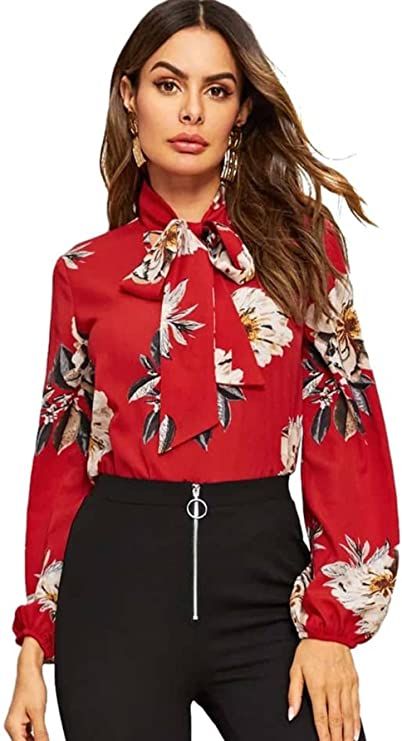 Chiffon Tops Blouses Classy, Printed Chiffon Blouse, Neck Flower, Chiffon Tops Blouses, Flower Print Blouse, Lantern Sleeved Blouses, Elegant Blouses, Blouse Tops, Spring Women