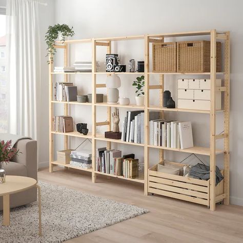 Ikea Wooden Shelves, Ikea Ivar Shelves, Ivar Regal, Ikea Inspiration, Wood Shelving Units, Ikea Wood, Pine Shelves, Ikea Ivar, Ikea Shelves