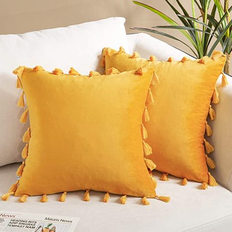 Amazon.com: Topfinel Decorative Throw Pillow Covers 18 x 18 Set of 2,Boho Tassel Soft Velvet Pillow Case Fall Couch Pillow Covers Cushion Cover for Bed Sofa Living Room Classroom,Mustard Yellow : Home & Kitchen Fall Couch Pillows, Fall Couch, Mustard Sofa, Yellow Pillow Cases, Yellow Pillow Covers, Sofa Soft, Plain Cushions, Yellow Throw Pillows, Couch Pillow Covers