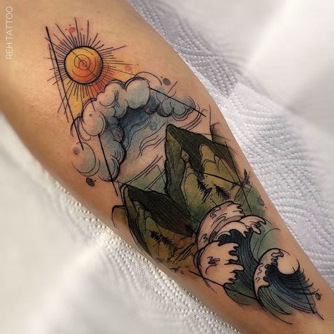 Elemental Tattoo, Four Elements Tattoo, Simbols Tattoo, Natur Tattoo Arm, Element Tattoo, Avatar Tattoo, Elements Tattoo, Nature Tattoo, Tatuaje A Color