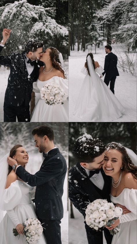 Winter Wedding Cover Up, Wedding Winter Photos, Winter Wedding Photography Outdoor, Winter Wedding Party Photos, Wedding Snow Pictures, Snowy Wedding Pictures, Christmas Wedding Photo Ideas, Wedding Photography Winter, Winter Wedding Aesthetic Green