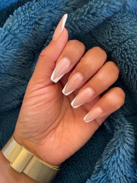 Deep French Coffin, French Tips With Coffin Shape, Square V French Tip Nails, Blue V Shape French Tip Nails, White V French Tip Nails Square, French V Manicure, Short Coffin V French Tip Nails, French Tip Nails On Square Nails, Simple White Nail Designs Coffin