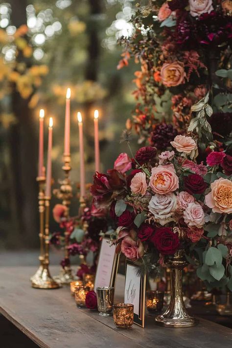 Moody Boho Fall Wedding, Moody Dusty Rose Wedding, Dark And Moody Purple Wedding, Soft Romance Wedding Theme, Fall Wedding Ballroom Decor, Romantic Wedding Colors Fall, Fall Glamour Wedding, Dark Green And Pink Wedding Flowers, Moody Fall Wedding Ceremony