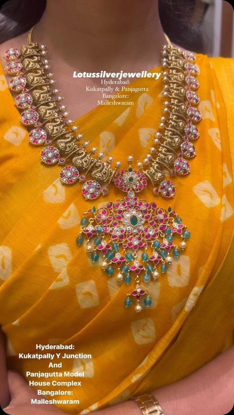 Gold Plated Kundan Jadau Long Necklace From 'Antique Lotus' • South India Jewels Long Nakshi Haram, Bridal Jewellery Indian Kundan, Bottu Mala Jewellery Designs, Bottumala Designs, Gold Antique Necklace Designs, Bottu Mala Designs, Long Gold Necklace Indian, Long Haram Gold Jewellery Designs, Gold Kundan Necklace