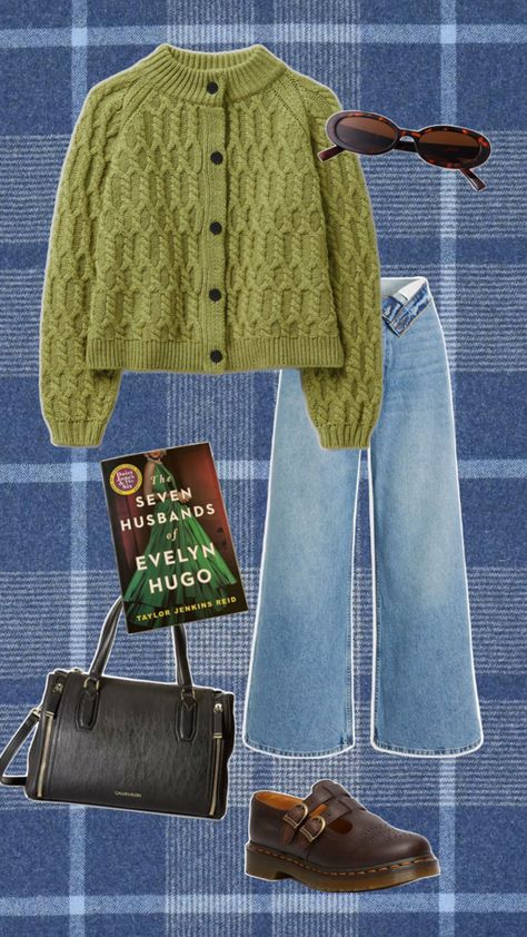 Green cardigan sweater, wide leg jeans, Maryjane doc martens, leather black purse, booktok book, tortoise sunglasses Styling Doc Martens Winter, Bucket Hat Outfit Fall, Gilet Outfits, Wide Leg Jeans Outfit Fall, Beige Cardigan Outfit, Wide Leg Jeans Winter, Ootd Moodboard, Green Cardigan Outfit, Gilet Outfit