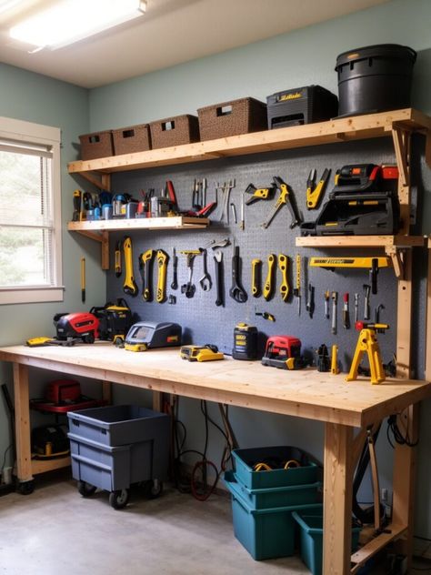 Garage Workbench Ideas - Garage Work Table Ideas, Modern Garage Workshop, Small Garage Workbench Ideas, Garage Work Space, Garage Home Office Ideas, Small Garage Workshop Layout, Garage Work Bench Diy Workbench Designs, Workshop Tool Storage Ideas, Work Shops Ideas