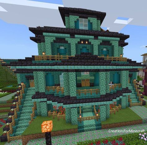 Minecraft Houses Warped Wood, Minecraft Warped Wood House, Warped Minecraft House, Prismarine House Minecraft, Warped Wood Minecraft, Minecraft Concrete House, Warped Wood House Minecraft, Minecraft Warped Wood Builds, Minecraft Prismarine