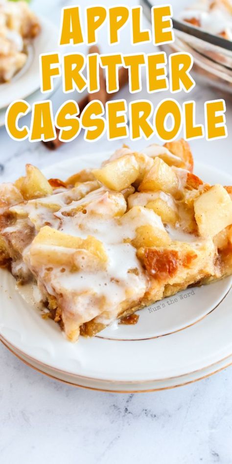 If you love apple fritters, you’ll love this Apple Fritter Breakfast Casserole. Sautéed apples, croissants and icing all taste like fall! This easy breakfast casserole can be made ahead of time and is absolutely delicious! #breakfast #casserole #breakfastcasserole #apple #applefritter #applefritterbreakfastcasserole #applefritterrecipe #recipe #numstheword #grannysmithapples Apple Fritter Bread Pudding Recipe, Apple Fritter Bake, Fruity Breakfast Casserole, Apple Fritter Breakfast Casserole 12 Tomatoes, Breakfast Casserole Fruit, Apple Fritter Bread Pudding, Sweet Breakfast Casseroles, Apple Fritter Casserole, Fruit Breakfast Casserole