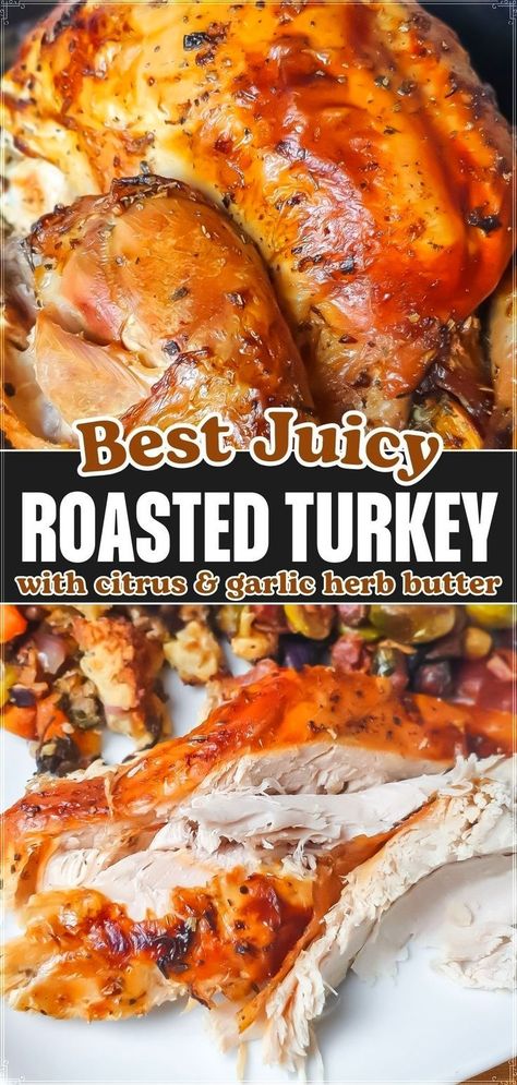 Learn how to make the juiciest oven roasted turkey with our step-by-step recipe that guarantees a moist and delicious bird every time. This guide includes tips on the best roast turkey oven techniques and how to use a herb and citrus butter for an unforgettable flavor. East Turkey Recipe, Turkey Preparation Thanksgiving, Basting A Turkey Recipe, Cooking The Best Turkey, 16 Lb Turkey Recipes, Xmas Turkey Recipes, Super Juicy Turkey, Preparing Turkey Thanksgiving, Garlic Butter Turkey Thanksgiving