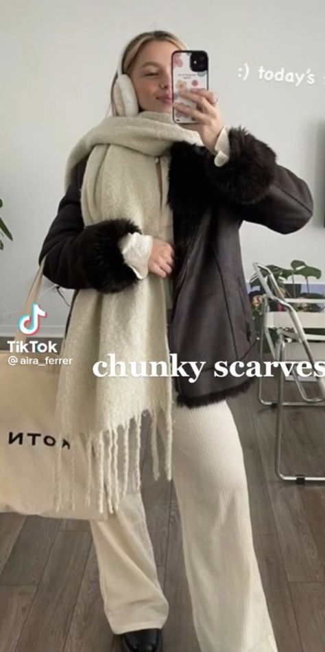 Big White Scarf, Chunky White Scarf, Huge Scarf Outfit, Chunky Scarf Aesthetic, Cream Scarf Outfit, Winter Scarf Aesthetic, White Longsleeves Outfit, White Scarf Outfit, Chunky Scarf Outfit