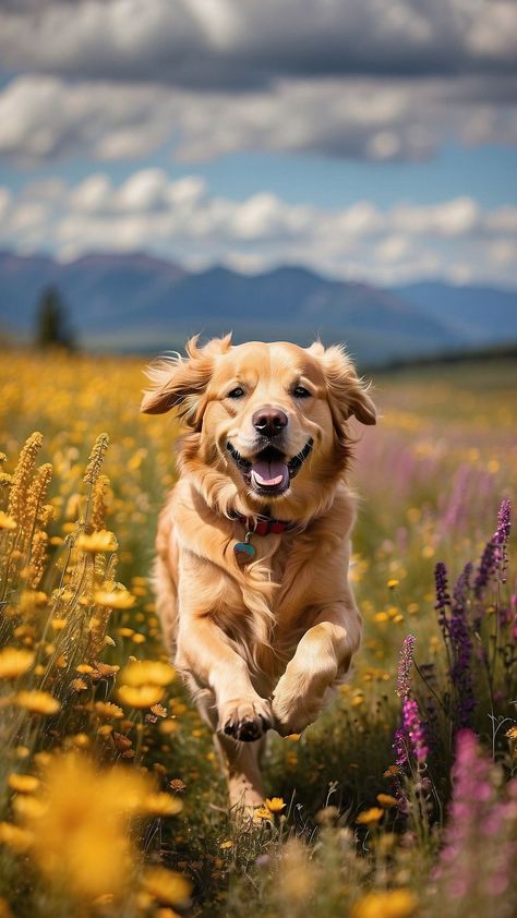 Running Field, Animal Language, Golden Retriever Wallpaper, Wallpaper Dog, Field Flowers, Cute Wallpaper, Flowers Summer, Art Animals, Dog Wallpaper