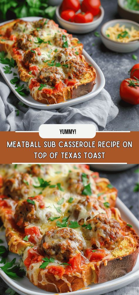 Meatball Sub Casserole, Ground Beef Meatballs, Savory Meatballs, Meatball Casserole, Meatball Sub, Meatball Sandwich, Hearty Casseroles, Meatball Subs, Texas Toast