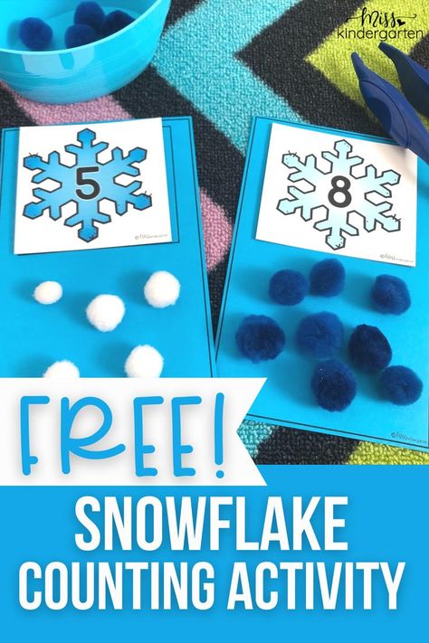 I can't think of a better winter math activity than counting snowflakes! Grab this FREE snowflake counting activity for your kindergarten math centers. Add a pair of jumbo tweezers to add some fine motor practice as the students count snowflakes. Snowflake Math Kindergarten, Teaching Winter To Preschool, Ten Sparkly Snowflakes Activities, Winter Math Games Kindergarten, Prek Winter Math Activities, Winter Centres For Kindergarten, Snowflake Counting Preschool, Winter Math Crafts Kindergarten, Snowflake Math Activities