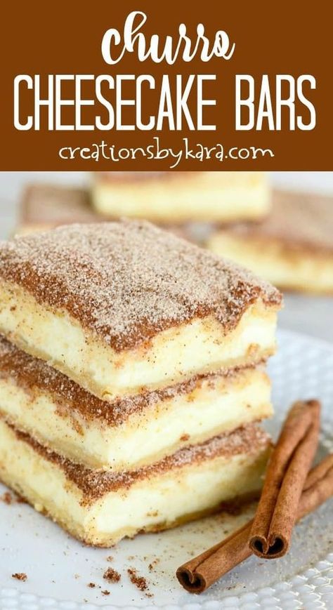 Churro cheesecake bars are sure to become a favorite dessert! The crunchy cinnamon of churros combined with the creamy tanginess of cheesecake. An easy and delectable dessert recipe! #churrocheesecakebars #churrocheesecake #churro #cheesecakebars #cinnamondessert -from Creations by Kara Cheesecake Churro, Churro Cheesecake Bars, Cinnamon Desserts, Churro Cheesecake, Cheesecake Bar Recipes, Oreo Cupcakes, Dessert Aux Fruits, Cheesecake Brownies, Crazy Cakes