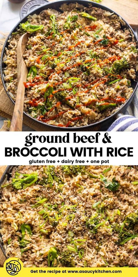 Simple and fuss free - this One Pot Ground Beef and Broccoli with Rice makes for a perfect weeknight dinner! No need to dirty extra pots and pans by steaming the rice and broccoli separately. Everything comes together in one pot, with minimal chopping and basic ingredients! | Gluten Free + Dairy Free + Soy Free Option Ground Beef Rice And Broccoli, Casserole Recipes No Dairy, Dairy Free Ground Beef Recipes, Beef And Broccoli With Rice, Beef And Broccoli Rice, Hamburger And Rice Recipes, Cooked Rice Recipes, Cheesy Broccoli Rice, Ground Beef And Broccoli