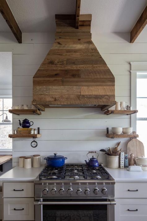 Contemporary Farmhouse Kitchen With Custom Reclaimed-Wood Range Hood | HGTV Contemporary Farmhouse Kitchen, Moore House, Wood Range Hood, Kitchen Wood, New England Homes, Contemporary Farmhouse, Chic Farmhouse, Building Ideas, Kitchen Redo