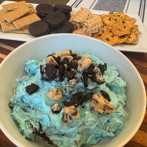 Monster Dip Recipe, Cookie Monster Dip, Monster Cookie Dip, Halloween Dips, Oreo Pucks, Monster Dip, Potatoes And Kielbasa, Monster Cookie Dough Dip, Crockpot Cheesy Potatoes