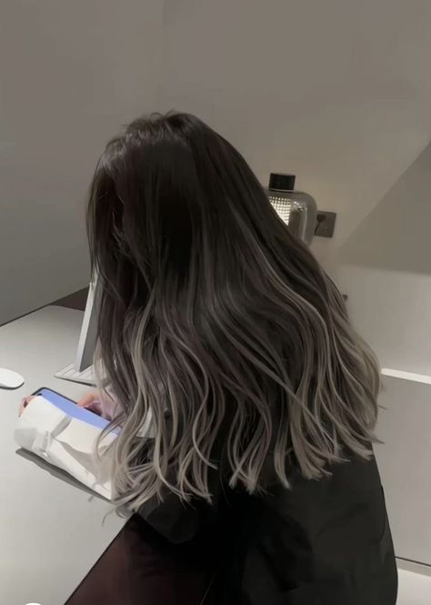 Balayage Hair Silver Blonde, Black Hair With Beige Highlights, Silver Ash Hair Color, Black Hair With Ash Grey Highlights, Brown Grey Ombre Hair, Silver Ends Hair, Peekaboo Hair Colors Medium Length, Ash Gray Highlights On Black Hair, Black To White Ombre Hair