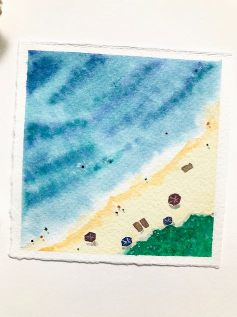 Beach Watercolor Ideas, Beach Side Painting, Watercolor Mini Landscapes, Mini Painting Watercolor, Easy Things To Watercolor Paint, Beach Watercolour Painting, Watercolor Easy Paintings For Beginners, Watercolor Drawings Easy, Simple Beach Watercolor