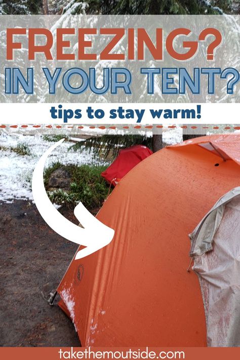 an orange tent in a snowy forest Camping In The Cold Hacks, Camping Winter Hacks, Camping In Cold Weather Tips, Homeless Camping Hacks, Cold Camping Hacks, Winter Camping Essentials, Camping Tent Organization, Waterproof Tent Camping, Fall Tent Camping