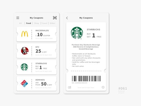 UI 061 by Millie Hsieh on Dribbble Card Ui, Voucher Design, Coffee Store, 카드 디자인, Mobile Ui Design, Coupon Apps, Coupon Design, App Design Inspiration, App Ui Design