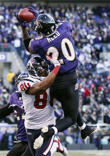 APBaltimore Ravens free safety Ed Reed intercepts a pass intended for Houston Texans wide receiver Andre Johnson during the second half of an NFL divisional ... Ed Reed, Nfl Uniforms, Baltimore Ravens Football, Ravens Fan, Super Bowl Nfl, Ravens Football, Nfl Memes, Nfl Playoffs, Football Baby