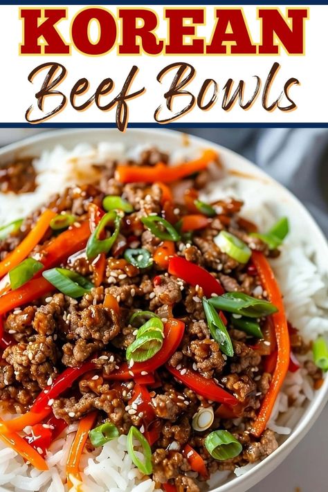 Skip takeout and try this easy Korean beef bowl. It's loaded with tender beef, crisp veggies, and a delightful sauce and comes together in 15 minutes. Korean Beef With Noodles, Spicy Korean Beef Bowl, Asian Beef Rice Bowl, Beef Poke Bowl, Beef Bulgogi Bowl, Rice Bowl Ideas, Easy Korean Beef, Italian Noodles, Beef Bowl Recipe