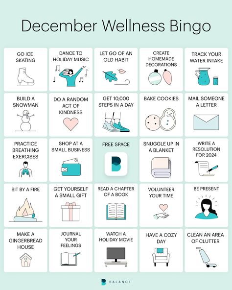 Holiday Wellness Bingo | The Balance App December Health Challenge, December Self Care Calendar, Wellness Bingo, Mindfulness Bingo, Journal Bingo, Mindfulness Advent Calendar Tasks Free, Holiday Self Care, December Goals, Holiday Mental Health