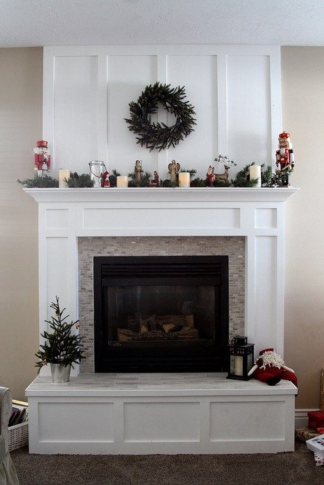 Fireplace Mantle Redo in time for Christmas - Diary of a Quilter - a quilt blog Windows Over Fireplace, Wood Burning Fireplace With Hearth, Fireplace With Beadboard, Mantel Update, Fireplace Flooring, Tiled Fireplaces, Fireplace Hearth Decor, Hearth Decor, Modern Farmhouse Fireplace