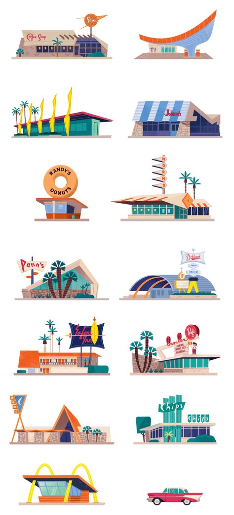 Googie Icons - Alexander Vidal Illustration Mid Century Advertising, Los Angeles Map Illustration, Googie Aesthetic, Midcentury Graphics, Mid Century Modern Illustration, Robert Laduke, 1950s Architecture, Midcentury Illustration, Googie Design