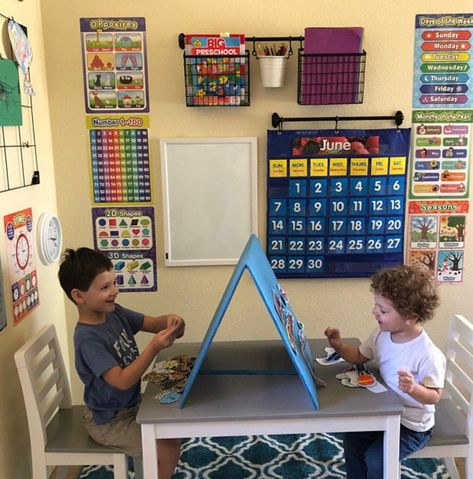 Table Top Desk, Home Daycare Ideas, Homeschool Room Design, Homeschool Room Organization, Daycare Rooms, Homeschool Supplies, Toddler Homeschool, Learning Toys For Toddlers, Home Daycare