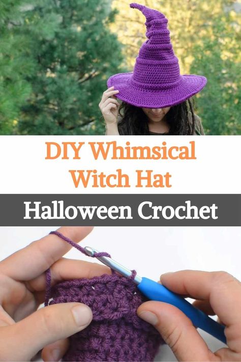 DIY Whimsical Witch Hat - Halloween Crochet Halloween Crochet Witch Hat, Crocheted Witches Hat Pattern, Halloween Hat Crochet Patterns Free, Crochet Witch Accessories, Witch Hat Pattern Crochet, Crochet Whimsical Witch Hat, Crochet Witch Costume, Witch Hat Free Crochet Pattern, Crocheted Witch Hat Pattern