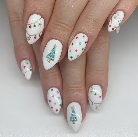 Christmas Village Nails, Cutesy Christmas Nails, Christmas Cookie Nail Art, Christmas Ornaments Nails, Snowman Nails Christmas, Christmas Nail Ideas Almond, Peppermint Nail Art, Pink Christmas Nail Ideas, Christmas Tree Nails Designs