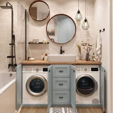 Half Bath Stackable Laundry Room Combo, Bathroom Ideas With Washmachine, Wash Machine And Dryer In Bathroom, Small Bathroom With Washer Dryer, Small Bathroom With Washer And Dryer Layout, Washing Machine In Bathroom Ideas, Combined Bathroom Laundry, Bathroom Washing Machine Hidden, Bath And Laundry Room Combo