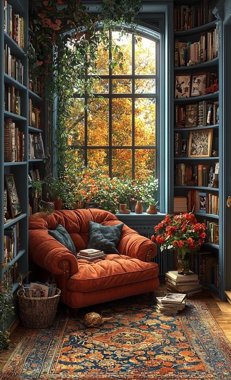 Nook Books, Small Home Library, Orange Armchair, Cozy Home Library, Window Nook, Cozy Library, Home Library Design, Home Libraries, Cozy Reading Nook