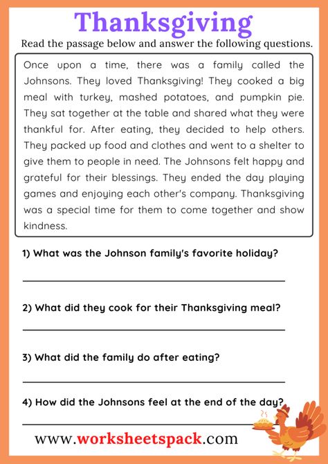 Thanksgiving Reading Comprehension Passage - worksheetspack Thanksgiving Reading Comprehension Free, Grade 5 Reading Comprehension Worksheets, Thanksgiving Story For Kids, Reading Comprehension Passages Free, Grade 5 Reading, Thanksgiving Ela, Phonic Reading, Speaking Questions, Thanksgiving Reading Comprehension