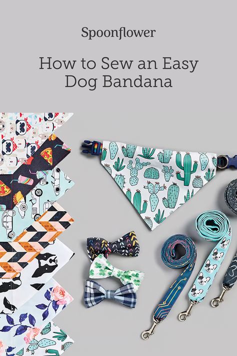 A custom-printed bandana adds flair and color to your dog’s collar. You and your pup (or cat!) will be jumping for joy once you’ve made this DIY pet bandana. Our free downloadable PDF pattern and video tutorial makes this a quick project for both beginner and more experienced sewists alike. #PetDIY #Tutorial #DogBandana Over The Collar Dog Bandana Sewing Pattern, Dog Collar Flower Pattern, Dog Bandana Over Collar Pattern, How To Make Dog Collar Bandanas, Diy Collars Dog, Collar Bows For Dogs Diy, Matching Dog Bandana And Scrunchie, Over The Collar Pet Bandana Pattern, Dog Products To Make And Sell