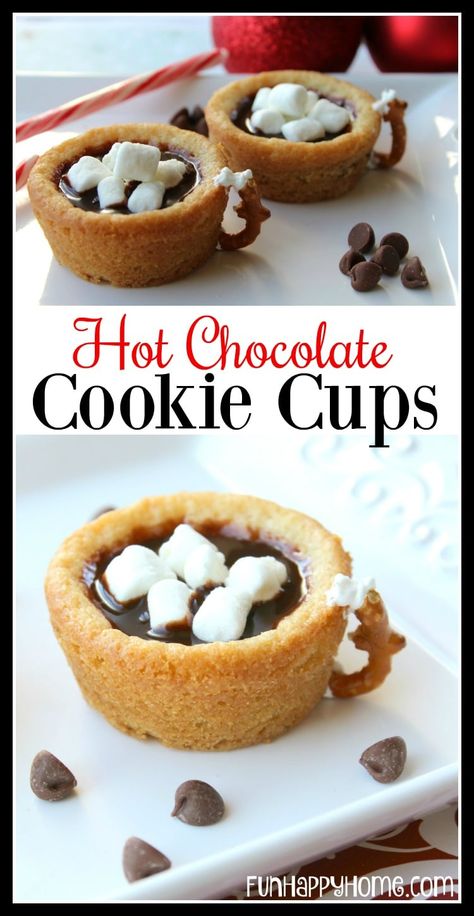 Hot Chocolate Cookie Cups Recipe, Hot Chocolate Cookie Cups, Hot Chocolate And Cookies, Chocolate Cookie Cups, Hot Chocolate Cookie, Hot Chocolate At Home, Pillsbury Sugar Cookie Dough, Thrifty Christmas, Hot Chocolate Cookies Cups