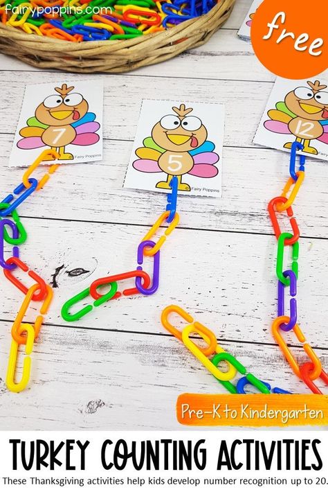 These FREE turkey counting activities help kids learn to identify and count numbers up to 20. They include some hands on popsicle stick counting mats and number cards to use with counting links. Perfect for Pre-K, Preschool or Kindergarten math centers. #thanksgivingactivities #turkeyactivities #mathcenters #prekmath #kindergartenmath #preschoolmath #turkeymath #thanksgivingmath #homeschool #countingactivities #numberrecognition Math And Literacy Activities Preschool, Turkey Number Matching, Number Link Cards, Animal Counting Activities Preschool, Counting Cards Preschool, Cardinality Activities Preschool, Thanks Giving Activity For Kindergarten, Number Block Activities Preschool, Thanks Giving Math Activity