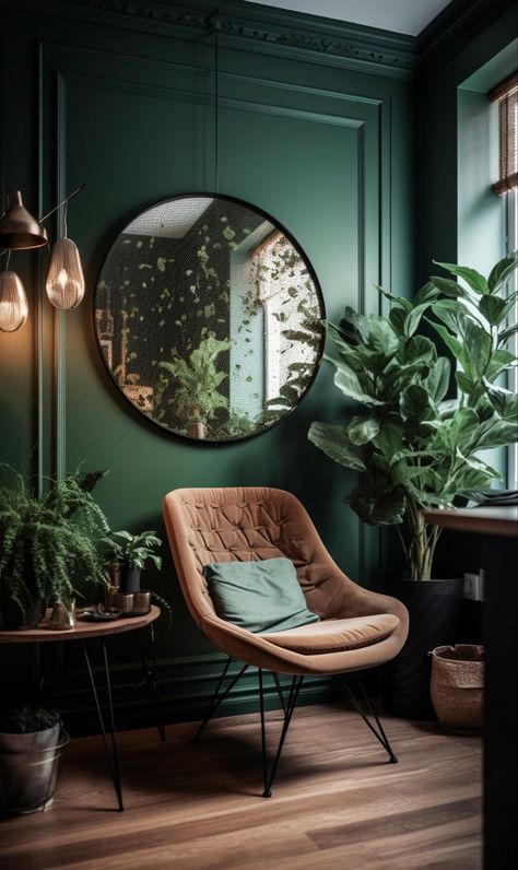 green chair with green plants arranged around it, in the style of studyplace, the snapshot aesthetic, wood, exotic, mirrored, contemporary diy, earth tones Deep Green Interior Design, Black And Green Esthetician Room, Monochrome Green Room, Deep Green Room, Forest Green Interior Design, Green Mancave, Dark Green Apartment Aesthetic, Dark Green Room Aesthetic, Mirror And Plants