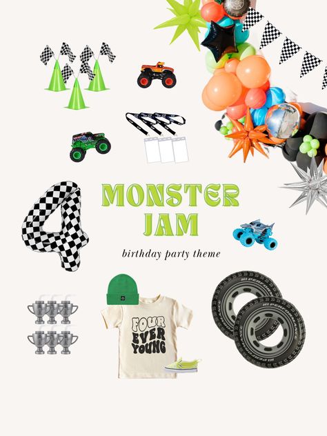 Monster jam party theme, monster truck party for kids, toddler boy 4th birthday party Monster Truck Bash Birthday Party, Monster Jam Party Decorations Diy, Monster Jam Goodie Bags Ideas, Gravedigger Birthday Party, Monster Jam Birthday Decorations, Monster Truck Fourth Birthday, 2nd Birthday Monster Truck Theme, Monster Truck Bday Party, Monster Truck Background